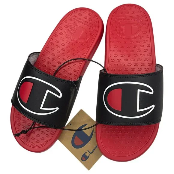 NWT CHAMPION SUPER AUTHENTIC MEN'S RED BLACK SLIP ON SLIDES SANDALS SIZE 8 - Picture 2 of 4
